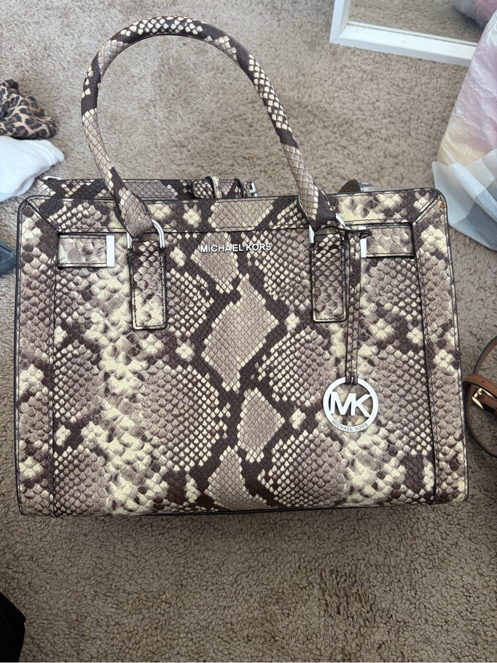 Michael Kors Taupe and Brown Snake-Print Satchel